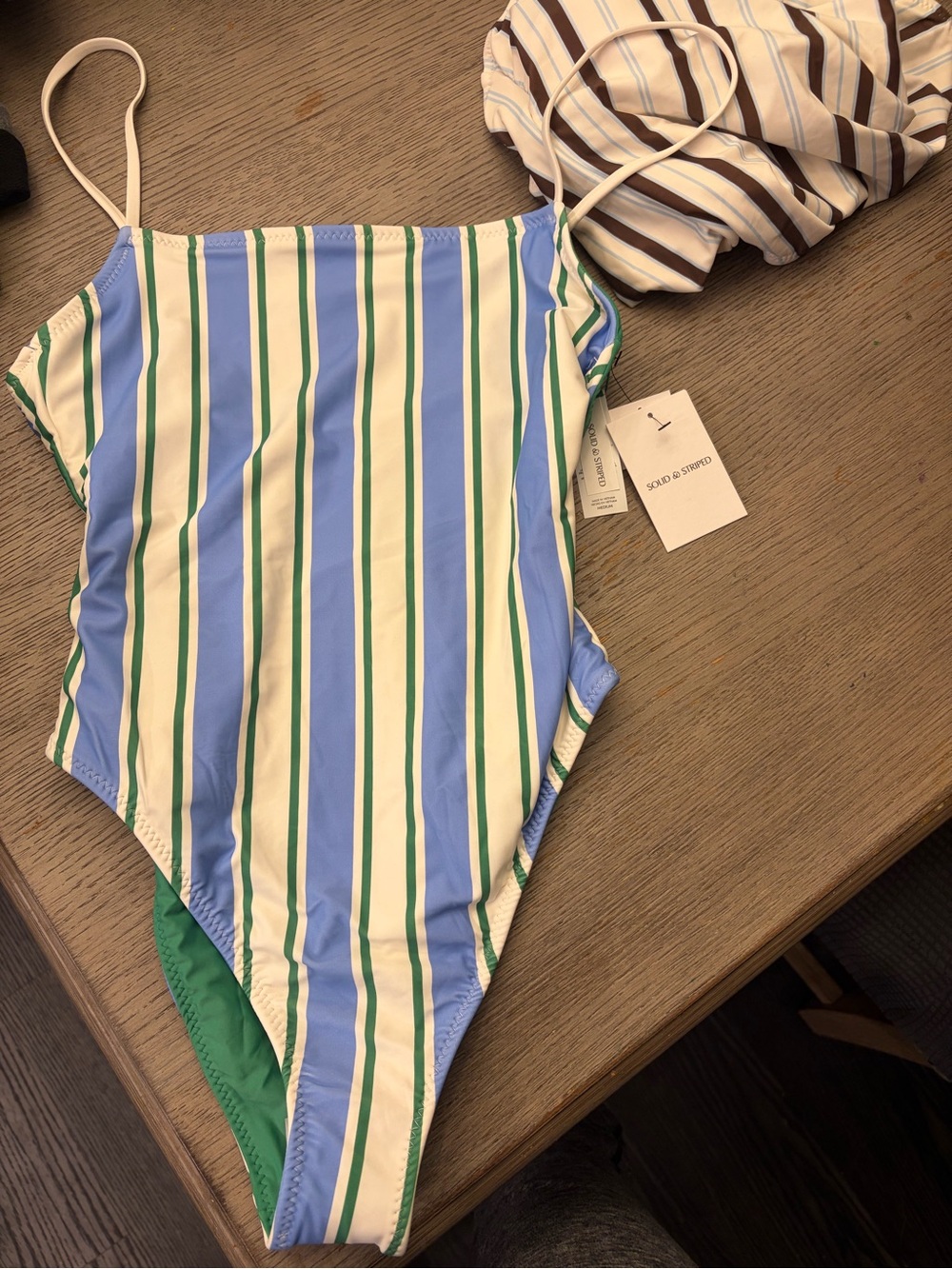 NWT solid and striped Women’s One-Piece Swimsuit in Green and Blue